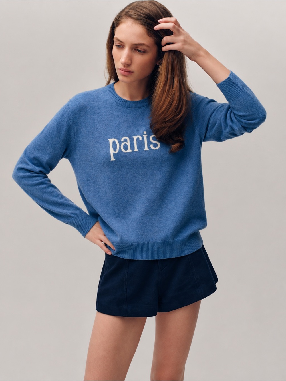 Saks Fifth Avenue Cashmere Blend Crewneck Paris Sweater Women’s Blue XL 363